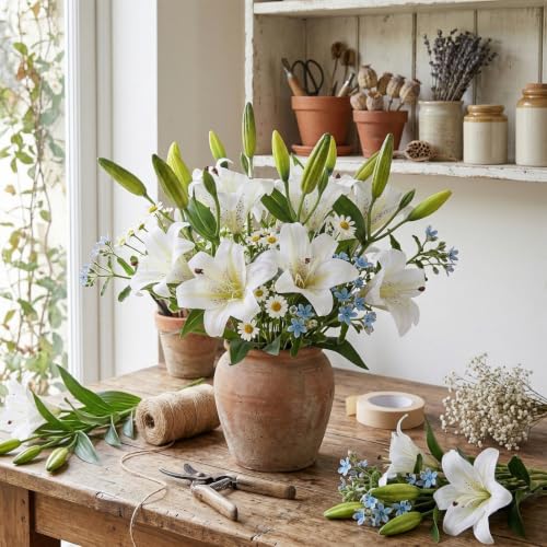 6PCS Artificial Lilies 26.7" Silk Lily Flowers with 12 Heads Fully Bloomed Lilies and 18 Buds, Long Stem Lilies Artificial Flowers for Home Party Wedding Easter Decor(White) - color: White