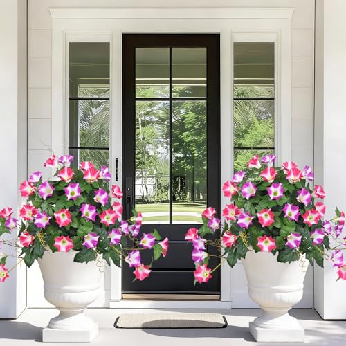 Elyum 2 Pack Artificial Flowers Topiary Ball Trees for Outdoors, 19.7" Lifelike Morning Glory Fake Bushes Plants, UV Resistant Fake Plants Faux Shrubs with Ground Spike for Porch Garden Decor - color: Purple and Red