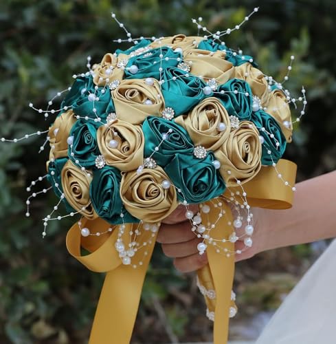 Ujicde Romantic Wedding Bouquet Bridal Bridesmaid Round Bling Brooch Bouquet Throw Toss Artificial Rose Flower Bunch with Sparkle Rhinestone Crystal Decoration(Dark Green+Gold,Dia. 6.3"*16cm) - color: Dark Green+gold, size: Dia. 6.3"*16cm