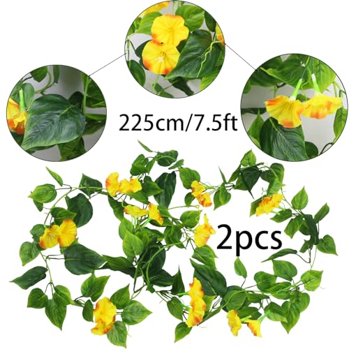 CISDUEO 2 Pcs Artificial Vines Silk Morning Glory Vines for Outdoor 15Feet Hanging Plants Garland Yellow Fake Green Plant Morning Glories for Home Decor Wall Fence Stairway Wedding Hanging Baskets - color: Yellow