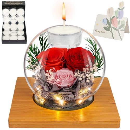 ENERLEAF Preserved Red Real Rose in Glass with Scented Candles – Forever Flower Romantic Anniversary Christmas Birthday Valentines for Mom, Women, Wife, Girlfriend, Her, Grandma - color: Glass-red