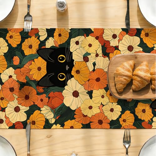 Black Cat Spring Table Runners Floral Spring Table Runner for Home Cat Floral Decorations for Home Office Kitchen Living Room Farmhouse Apartment 13 x 72 Inch - color: Black Cat 08