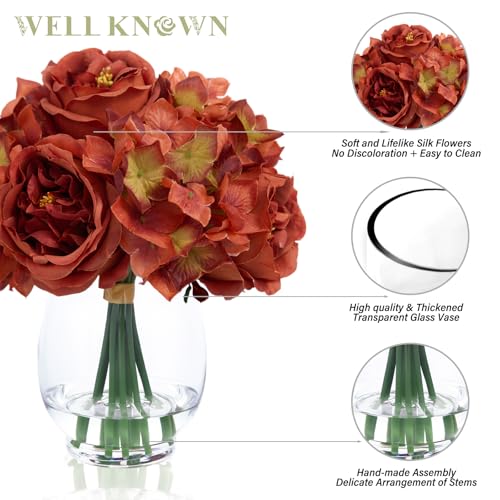 WELL KNOWN Artificial Austin Roses and Hydrangea Petals, 11.5" H Silk Roses Flower Bouquet with Fake Water in Glass Vase, Faux Peony for Home Decor, Table Decor, Weddings,Gift (Burnt Orange) - color: Burnt Orange
