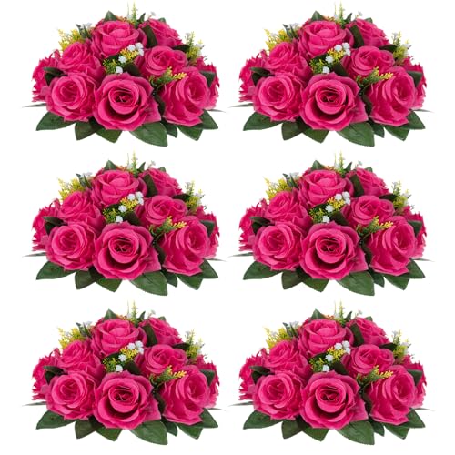 NUPTIO Flower Ball for Table Centerpieces: 6 Pcs Hot Pink Artificial Rose Kissing Balls for Wedding Party Valentine Tables - Faux Silk Floral Arrangements for Home Dining Event Decorations - color: Hot Pink, size: 6 Pcs