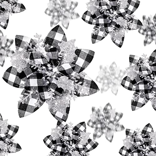 36 Pcs Christmas Glitter Artificial Poinsettia Flowers Xmas Poinsettia Artificial Wedding Flowers Decorations Xmas Tree Ornaments with Clips for Party, 6 Inch, 4 Inch, 3 Inch(Black, White, Silver) - color: Black, White, Silver