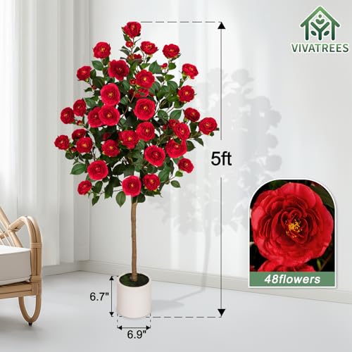 VIVATREES 5ft Artificial Camellia Tree, 60'' Tall Faux Camellia Plant with Red Flowers, UV Resistant Indoor Outdoor Fake Tree with White Planter Pot Included for Living Room Patio Decor