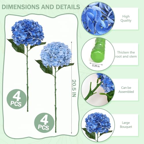 8pcs Hydrangea Artificial Flowers 21" Blue Silk Fake Flower Bouquets Faux Latex Hydrangea with Stems for Home Table Centerpieces Wedding Party Baby Shower Decoration - color: Dark Blue, Light Blue