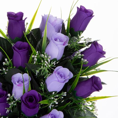 XONOR 2 Sets Artificial Cemetery Flowers, Grave Decorations Roses, Memorial Flowers Bouquet with Vase for Grave Cemetery Decoration (Dark Purple&Light Purple) - color: Dark Purple&light Purple