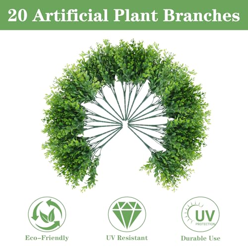 20 Bundles Artificial Plants Fake Greenery for Outdoor Spring Summer Decoration, UV Resistant Realistic Faux Shrubs Stems No Fade Plastic Boxwood for Planter Garden Patio Balcony Porch Backyard Indoor - color: Green 20
