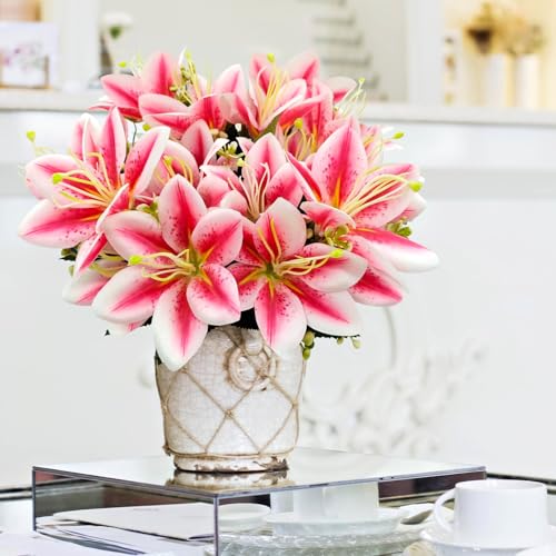 4 Bundles Artificial Tiger Lily Silk Flowers Faux Fake Lilies Plants for Wedding Bouquet Home Party Indoor Table Hotel Office Vases Floral Arrangements Outdoor Garden Decor (Rose Pink) - color: Rose Pink