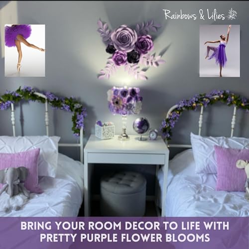 Rainbows & Lilies 10pc Large Paper Flowers Decorations for Wall – 3D Flower Wall Backdrop for Nursery, Girls Room, Baby Shower, Wedding, Bridal Shower – Pre-Assembled Reusable Purple Rose Decor Set