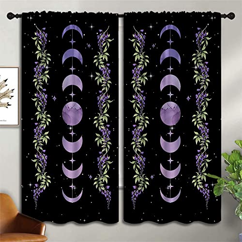 Purple Boho Floral Flower Rod Pocket Blackout Curtains for Teen Bedroom,Moon Phase Moonlit Garden Witchy Gothic Aesthetic Energy Efficient Home Window Drapes for Living Room Noise Reducing,55x63in - color: Purple Boho Floral Flower-007, size: 55"W x 63"L