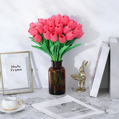 SITUMEIZI 15pcs Tulips Fake Pink Artificial Flowers Real Touch 14" PU Flower for Home Decor Spring Easter Wedding Bouquet Decorations Valentine's Day Gifts(Fluorescent Pink) - color: Fluorescent Pink