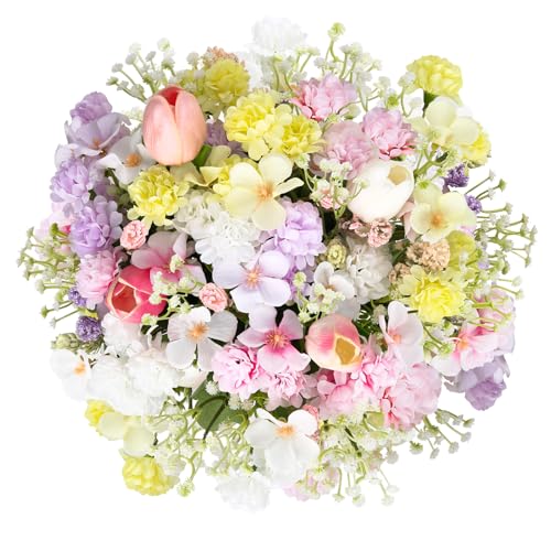 Florielle Artificial Hydrangea Bouquet Fake Silk Flower with Faux Tulips Baby's Breath for Spring Summer Wedding Centerpieces Home Decor Party Table Floral Arrangements (Multi Color) - color: Multi Color
