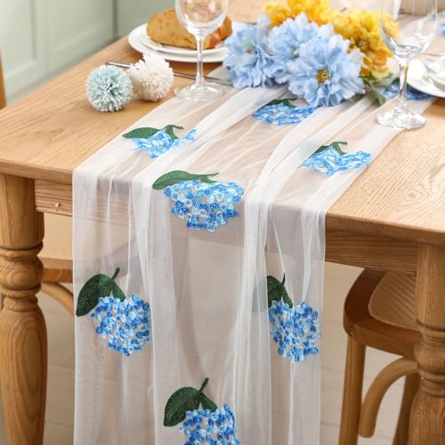 Hydrangea Floral Table Runner 29.5 x 118 Inch Embroidery Wildflower Tulle Table Runner Summer Gauze Home Decor for Wedding Birthday Baby Shower Party Dining Decor DIY - style: Hydrangea