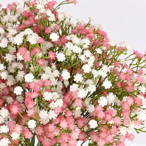N&T NIETING Babys Breath Artificial Flowers Bulk, 15Pcs Fake Gypsophila Bouquet Flowers Real Touch Faux Babies Breath Arrangement for Wedding Floral Party Home Centerpieces Vase Decoration, Pink White - color: Pink White, size: 15pcs-Standard