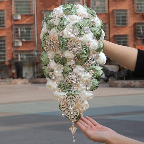 Luxury Cascade Bridal Wedding Bouquet Satin Rose Waterfall Holding Bouquet Artificial Flower Bunch for Bride Bridesmaid(Sage Green & Ivory, 17.3" x 8.7") - color: Sage Green & Ivory, size: 17.3"L x 8.7"W(44cm x 22cm)