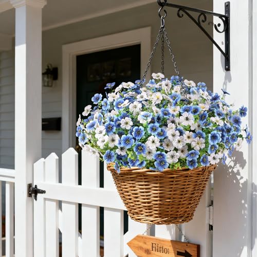 16 Bundles Artificial Flowers for Outdoors, Realistic Fake Silk Flowers for Outside, No Fade Faux Eucalyptus Plants for Outdoor Planter, Window Box, Hanging Basket - Porch Patio Garden Decor - color: White+blue, size: 16PCS