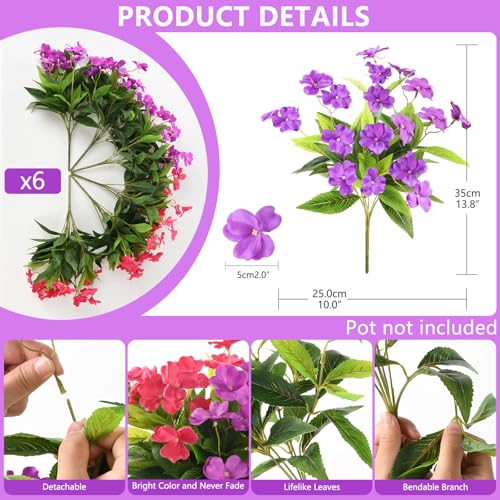 Artificial Impatiens Flowers for Outdoors, 6 Bundles Silk Fake Flowers for Spring Summer Decoration, UV Resistant Faux Plants Plastic Bouquet for Home Planter Porch Patio Yard Decor(Purple Rose Red) - color: Purple,rose Red