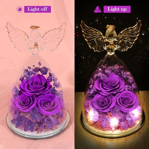 Mothers Day Flowers Gifts for Mom Flowers for Delivery Preserved Flowers Forever Real Fresh Roses in Glass Angel Figurines Birthday Gifts for Women Anniversary Present for Grandma Wife from Daughter - color: Classic Purple (Rose, Baby's Breath, Hydrangea)