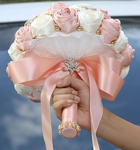 5.9" Mini Bridal Bouquet Handmade Satin Rose Round Wedding Bouquet Throw Toss Artificial Flower Bunch Pale Pink + Ivory - color: 809a Pale Pink/Ivory, size: 5.9"/15cm