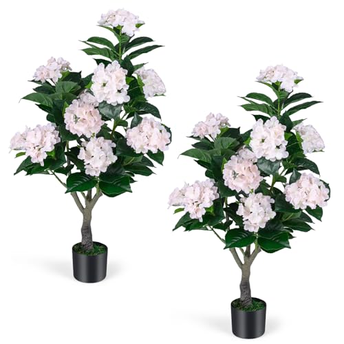 Goplus Artificial Hydrangea Tree, 2 Pack Fake Floral Plant w/11 White Flowers & Realistic Trunk in Plastic Nursery Pot, Indoor Silk Flower Tree for Home Office Living Room Housewarming Gift (Pink) - color: Pink