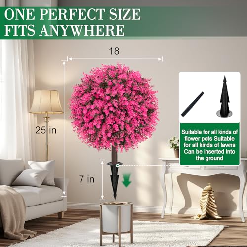 AOKIIE 24" Artificial Boxwood Topiary Bushes UV Resistant for Outdoor 2PCS | Artificial Shrubs with Ground Spike, Pink Faux Outdoor Plants for Indoor & Outdoor Garden, Yard, Porch, Patio - color: Pink