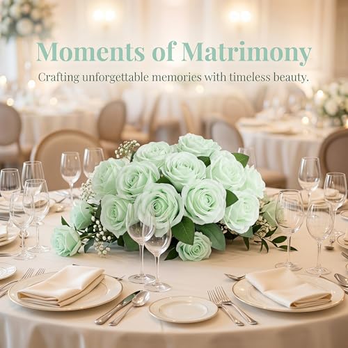 52pcs Light Green Roses Artificial Flowers Green Fake Flowers Silk Roses with Stems for DIY Wedding Bouquets Bridal Shower Centerpieces Arrangements Party Home Decorations - color: Sage Green