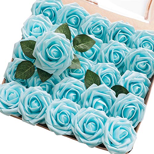 Floroom Artificial Flowers 25pcs Real Looking Aqua Blue Foam Fake Roses with Stems for DIY Wedding Bouquets Baby Shower Centerpieces Floral Arrangements Party Tables Home Decorations - color: Aqua Blue, size: 25Pcs