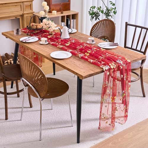 vctops 2 Packs Embroidery Lace Christmas Table Runner 10ft Floral Garden Seasonal Tulle Table Runner Holiday Kitchen Dining Table Decoration for Wedding Party Baby Shower Birthday (Red,30"x120") - color: Red