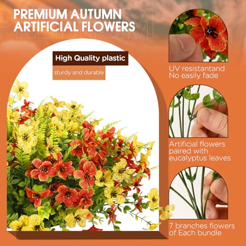 Artificial Fall Flowers for Outdoors UV Resistant,36pcs Faux Mums Flowers Realistic Fake Fall Flowers for Outside Planter Orange＆Yellow Artificial Autum Plants for Porch Window Hanging Wedding - color: Orange ＆yellow(green Leaves), size: 36 pcs