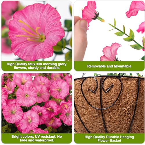 Artificial Faux Hanging Flowers Plants Baskets for Outdoors, Fake Silk Morning Glory Eucalyptus in Planter UV Resistant Realistic Outdoor Flowers for Outside Porch Patio Balcony Garden Yard Home Decor - color: Pink 2