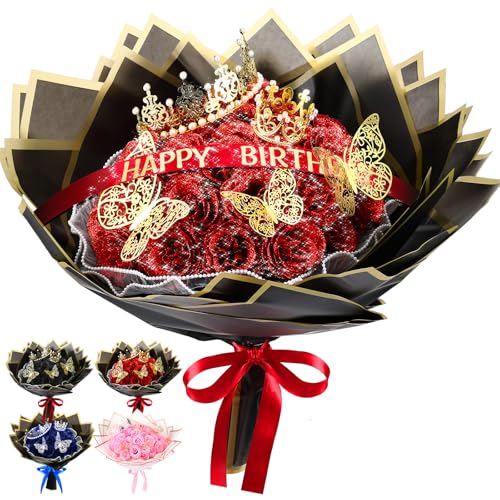 Thiccywoov 36 Pcs Glitter Roses Bouquet Graduation Artificial Rose DIY Flower Bouquet Kit Flower Wrapping Paper 3D Butterflies Crowns for Mom Mother Teacher Birthday (Red) - color: Red