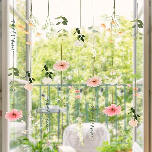 2 Pcs 6.56 ft Wildflower Garland Artificial Hanging Flower Backdrop Set Fake Rose Babysbreath Wild Flower Decor from Ceiling for Wedding Baby Shower Party Birthday Home Garden