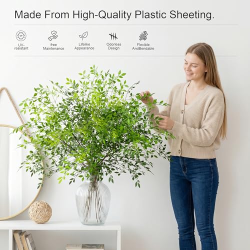 Fake Plants Eucalyptus Stems,Plastics Ficus Stems for Vase Artificial Plants,Greenery Stems Branches for Vase Faux Plants Indoor,Faux Greenery Indoor Vase Fillers for Home Decor（6PCS Green - color: Green1