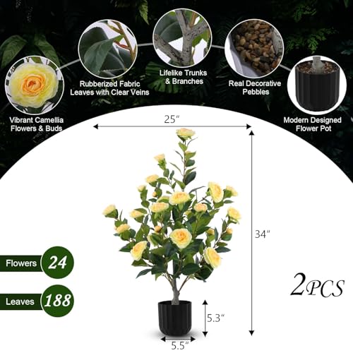 Hananona 2 Pcs Artificial Camellia Trees Faux Camellia Plant in Pot with Flowers Indoor Plants for Spring Home Decor Outdoor Porch Front Door Decor (Yellow, M) - color: Yellow