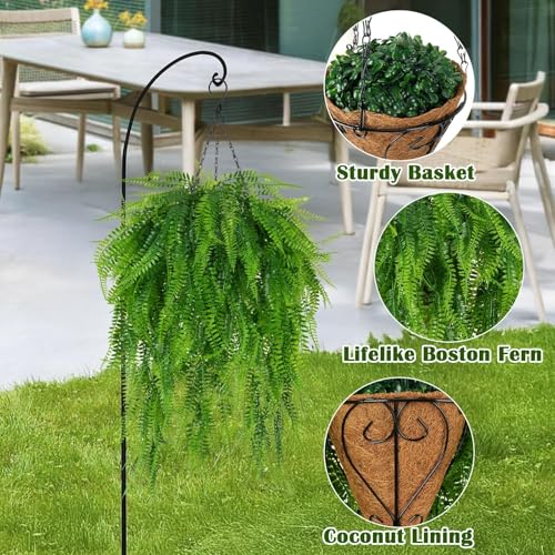 Artificial Hanging Ferns for Outdoors UV Resistant Fake Hanging Ferns with Hanging Baskets 2 Set Boston Ferns Artificial Plants 23.6" Faux Ferns Outdoor Hanging Basket Front Porch Patio Garden Home