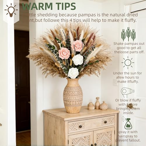 100Pcs Pampas Grass with Fake Roses Bouquet Fluffy Dried Plants with Eucalyptus Leaves Bunny Tails and Artificial Flowers for Vase Home Livingroom Boho Natural Decor Tables Centerpieces