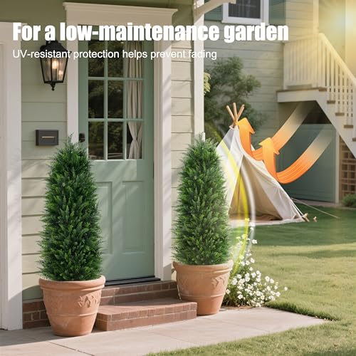 Grooy Artificial Cedar Trees, 4FT Tall Faux Tree Potted Plants with Trunk 48in Fake Cypress Tree for Indoor Outdoor Front Porch Garden Decor-2pack