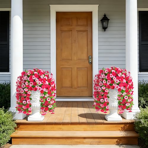 INXUGAO Artificial Fake Hanging Flowers Plants for Outdoor Decoration, 2PCS Faux Silk Morning Glory Long Vines Stems UV Resistant Look Real for Spring Summer Outside Home Porch Patio, Red Pink - color: Hot Pink
