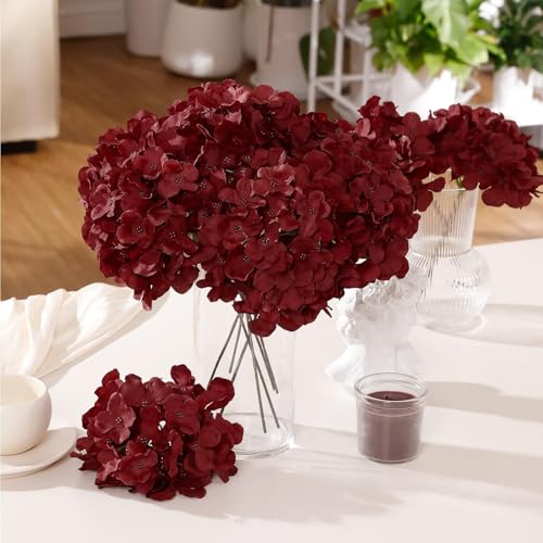 Auihiay 10PCS Hydrangea Artificial Flowers, Faux Burgundy Flower for Wedding Centerpieces, DIY Bouquets, Bridal Shower, Floral Decor Home Decoration with Stems (VASE NOT Included) - color: Burgundy