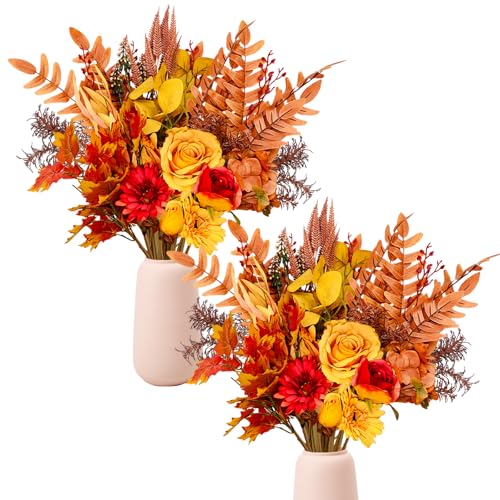 2 Pcs Artificial Fall Flowers Bouquets, 21.6” Autumn Fake Silk Orange Flowers Wedding Bouquets with Fall Florals Stems for Bridal Bridesmaid, Rustic Home Thanksgiving Table Centerpiece Decor - size: 2 Pcs