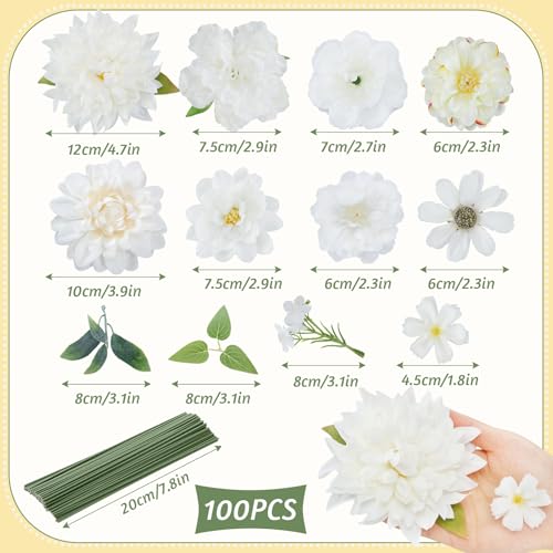 Janinka 100 Pcs White Assorted Fake Flower Heads with Long Stem Mini Artificial Flower Bulk Mix Silk Faux Daisy for Crafts Fake Peony Rose for DIY Wedding Party Wreath Home Decoration - color: White