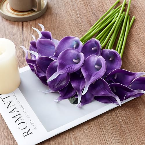 Artificial Calla Lily 12Pcs Purple Real Touch Faux Flowers for Wedding Bouquet, Bride Bridal Shower, Spring Home Kitchen Table Decor, Fake Lilies for Centerpieces, Party Decorations - color: Purple