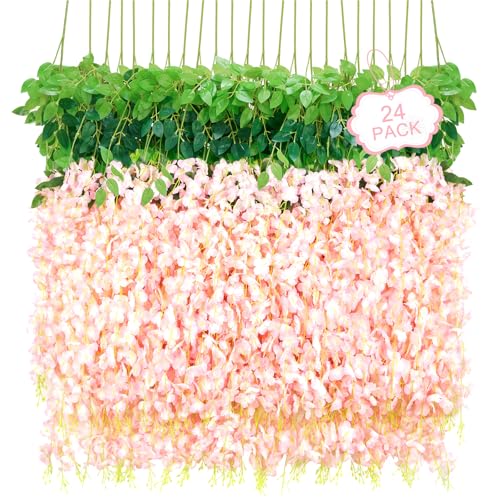 24Pcs Artificial Wisteria Hanging Flowers, 3.6Ft/Pcs Pink Fake Wisteria Garland for Wedding Party Home Garden Indoor Outdoor Decoration - color: Pink, size: 24Pcs