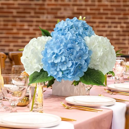 JINWOE Blue Flowers Hydrangea Artificial Flowers, 5Pcs 20Inch Large Lifelike Silk Artificial Hydrangeas, Full Fake Flowers for Bouquet Table Centerpieces Wedding Indoor Home - color: Blue