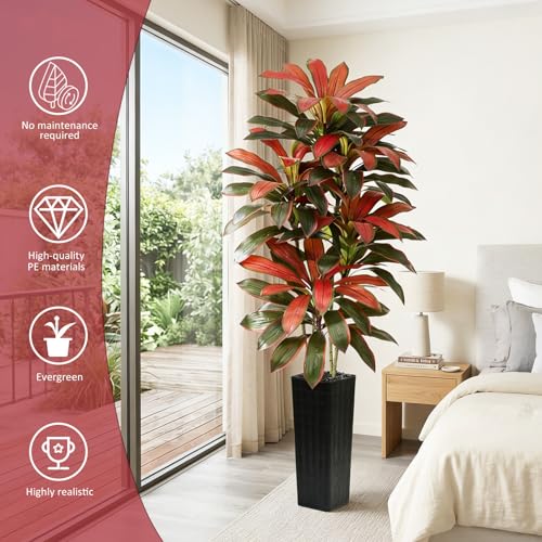 Artificial Red Dracaena Tree - 7FT Tall Fake Plants with Black Square Planter - Artificial Plants Indoor Floor Plant in Pot - Large Tropical Fake Yucca Potted Tree for Home Office Living Room Decor - color: Black-red Leaf, size: 7 FT