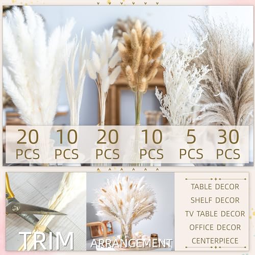 floradream 95 PCS Natural Pampas Grass Decor Bouquet | Boho Dried Floral Arrangement Centerpiece Table Decor Wedding Decor Rustic Decor, Natural, white, beige (Fdm-b-01) - size: 95PCS