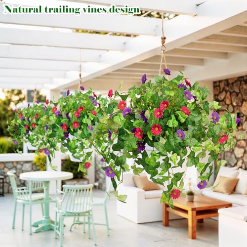 Krissing 3 Pcs Artificial Flowers for Outdoors UV Resistant, Fake Greenery Plants with Daisy Flowers for Outside Planters Porch Window Box Home Decor (Purple, Red) - color: Purple+hot Pink, size: 3