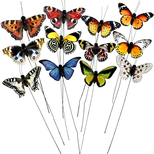 Cartanfill- Artificial Feather Simulation Butterfly Party Decoration Set, a Set of 12 Pieces with Wire, Used for Home Decoration in 12 Colors(B) - color: A Wire